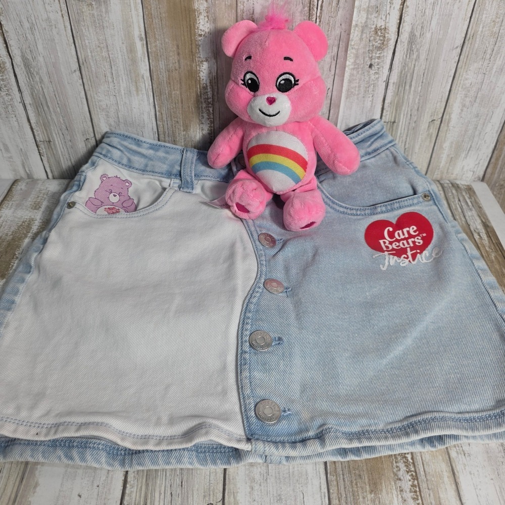 Justice Care Bears Denim Mini Skirt Light Wash Colorblock GirlButton Large 12/14